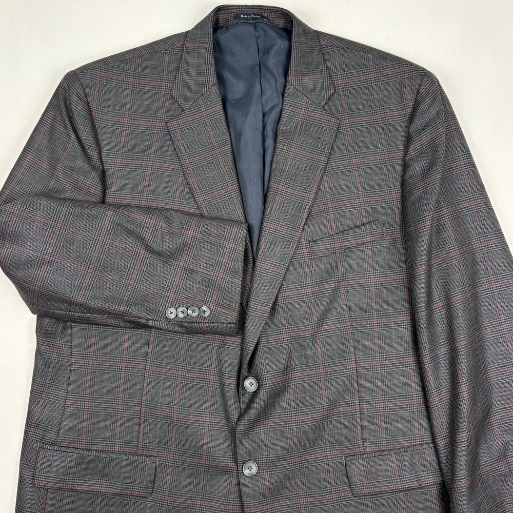 Turnbury Wool Silk Prince of Wales Check Sport Coat 48R Gray Maroon Windowpane